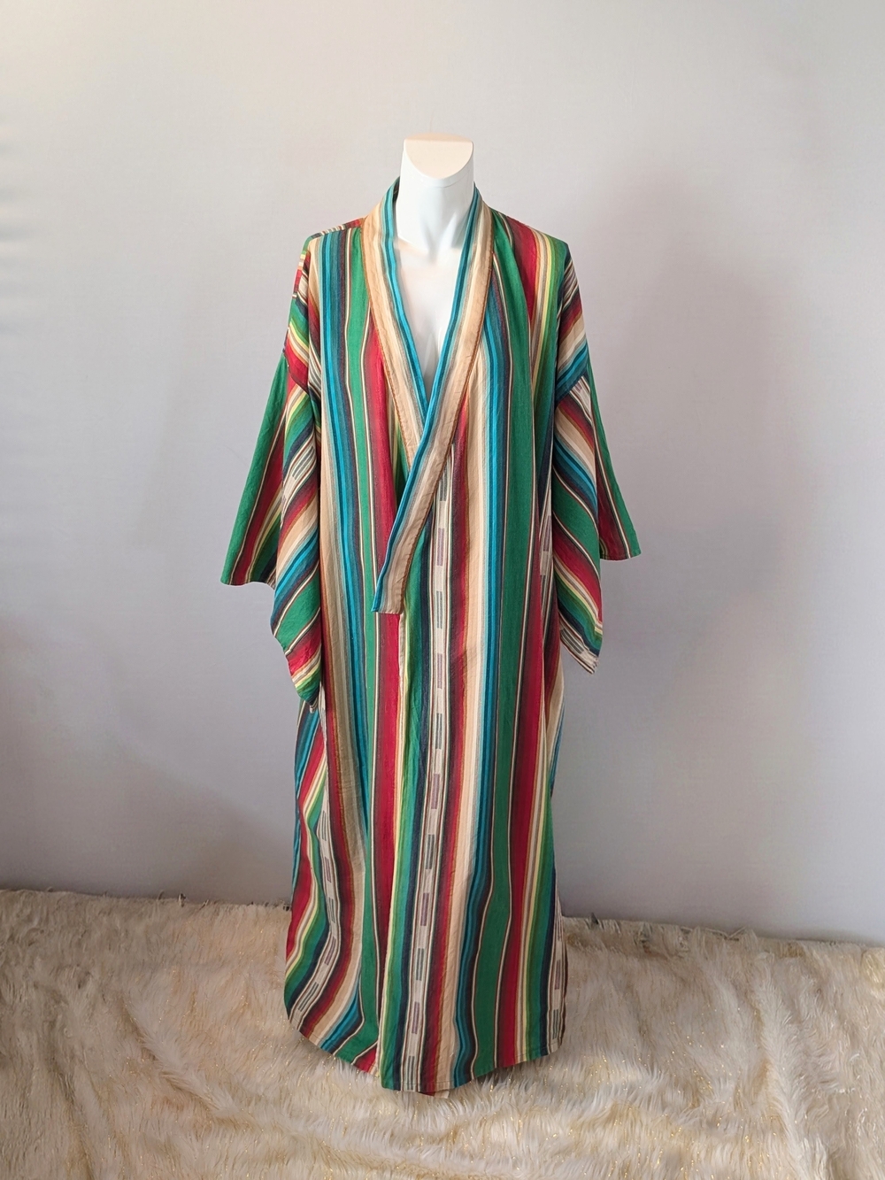El Cosmico Baja Robe
Free Size Striped Multicolor Maxi with Kimono Sleeves